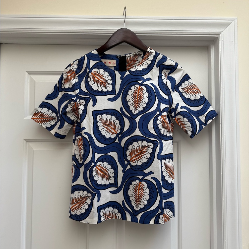 Marni Blue and White Floral Patterned Cotton Shirt US 0 XS